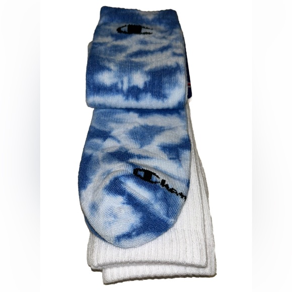 Champion Crew Sock 3 Pair Men’s 6-12 Blue White Tie Dye w Logos Cushioned NEW$17 - Picture 6 of 12